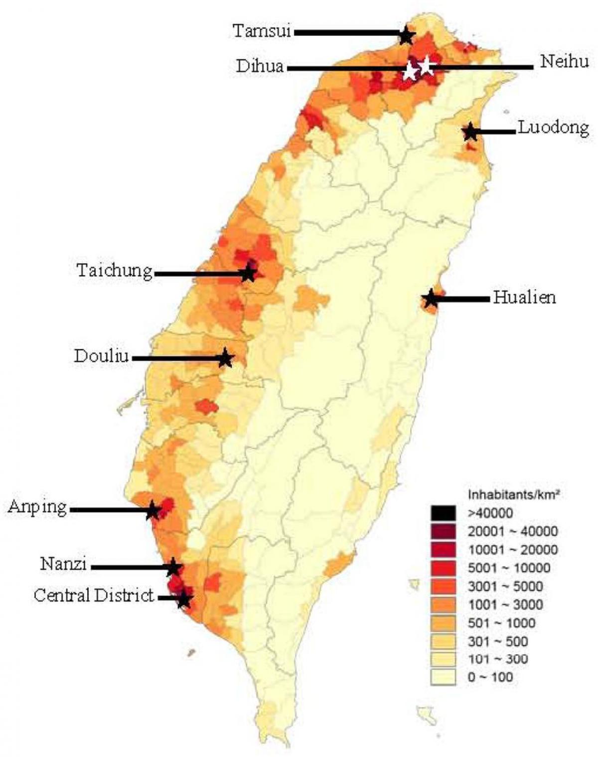 Taiwán densidade de poboación mapa